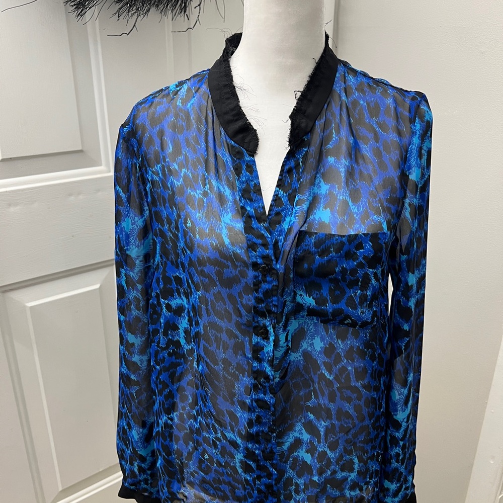 Urban Outfitters Blue Leopard Print Sheer Blouse with distressed collar